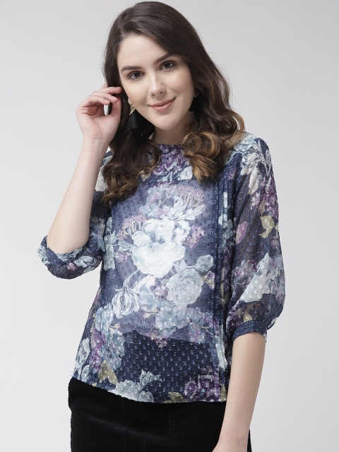 

Rue Collection Women Blue & White Floral Print Sheer Top