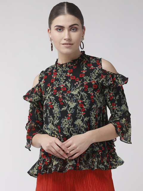

Rue Collection Women Black & Green Cold Shoulder Floral Print A-Line Top