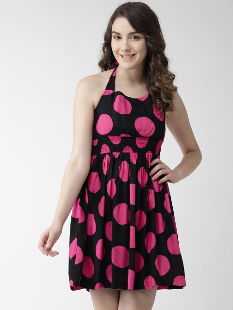

MIWAY Women Black & Pink Polka Dots Printed Empire Dress