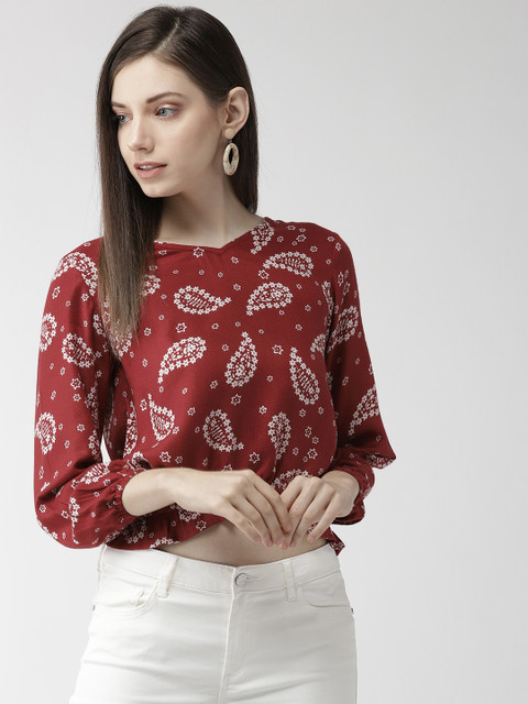 

MIWAY Women Maroon & White Printed Crop Blouson Top