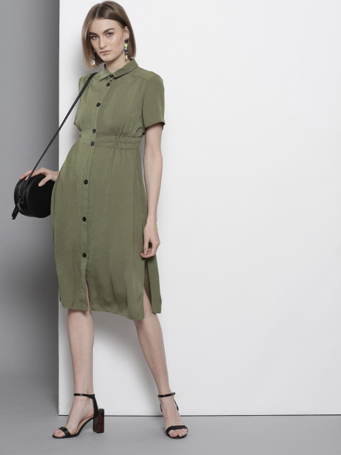 

DOROTHY PERKINS Women Petite Olive Green Solid Shirt Dress