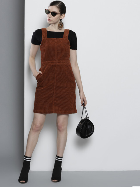 

DOROTHY PERKINS Women Brown Solid Corduroy Pinafore Dress