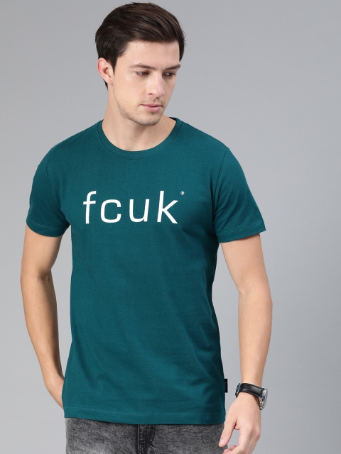 

French Connection Men Teal Green Printed Slim FitRound Neck T-shirt