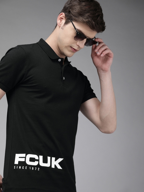 

French Connection Men Black Slim Fit Solid Polo Collar T-shirt With Printed Detailing