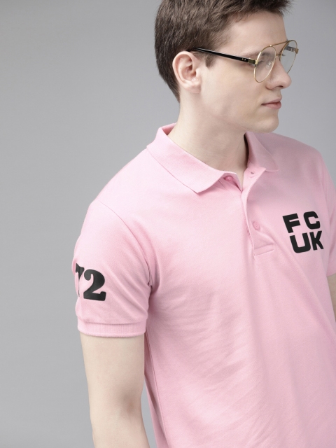 

French Connection Men Pink Slim Fit Solid Polo Collar T-shirt With Printed Detailing