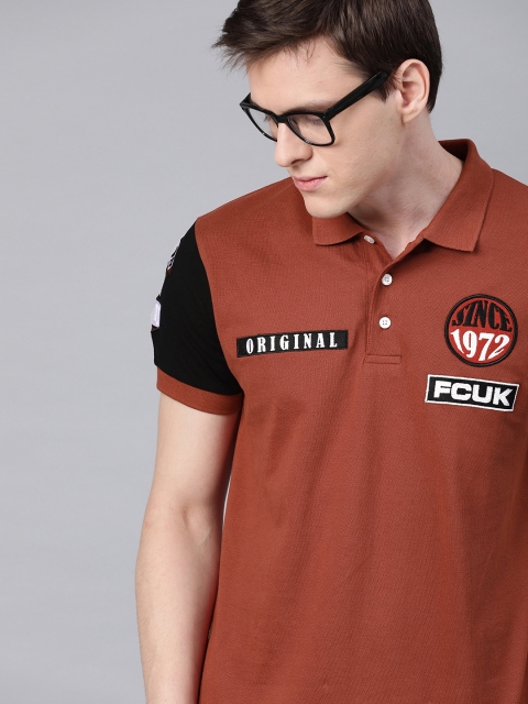 

French Connection Men Rust Orange Slim Fit Solid Polo Collar T-shirt with Applique Detail