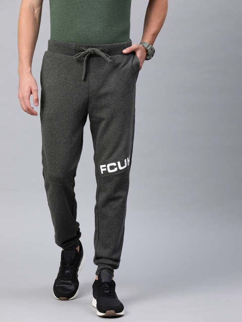 

French Connection Men Charcoal Grey Solid Slim Fit Joggers With Printed Detail