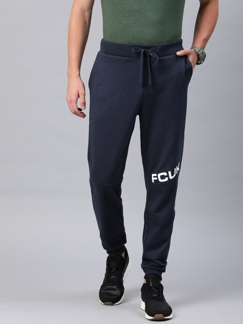 

French Connection Men Navy Blue Solid Slim Fit Joggers With Printed Detail