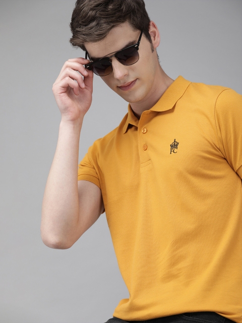 

French Connection Men Mustard Yellow Slim Fit Solid Polo Collar T-shirt