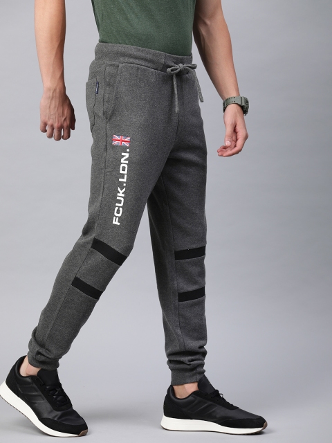 

French Connection Men Charcoal Grey Solid Slim Fit Joggers With Printed Detail