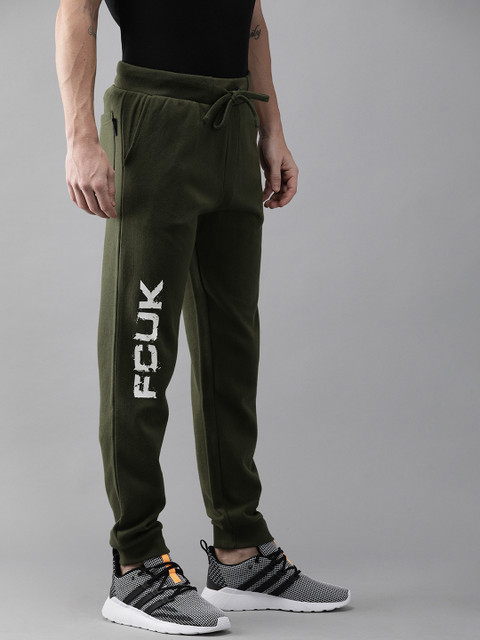 

French Connection Sport Men Olive Green Slim Fit Joggers With Printed Detail