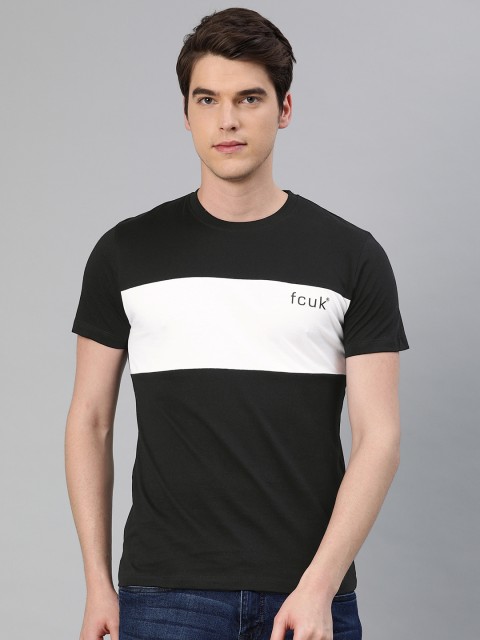 

French Connection Men Black & White Slim Fit Colourblocked Round Neck T-shirt