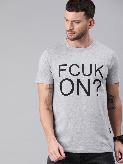 

French Connection Men Grey Melange & Black Slim Fit Printed Round Neck T-shirt