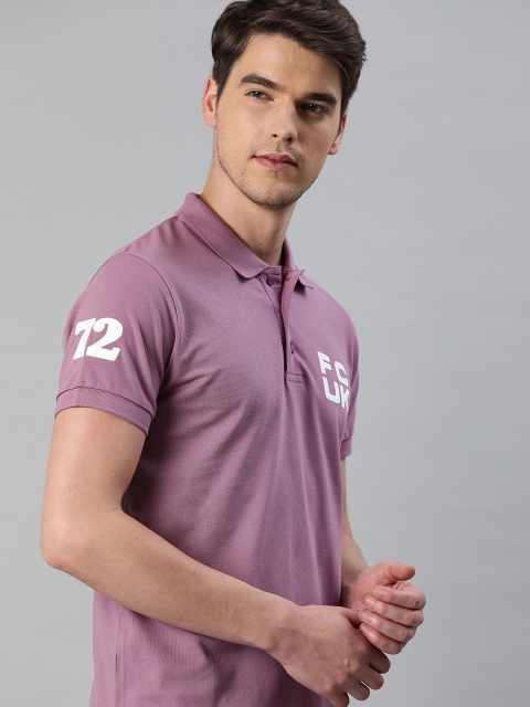 

French Connection Men Purple Solid Polo Collar T-shirt with Printed Detail