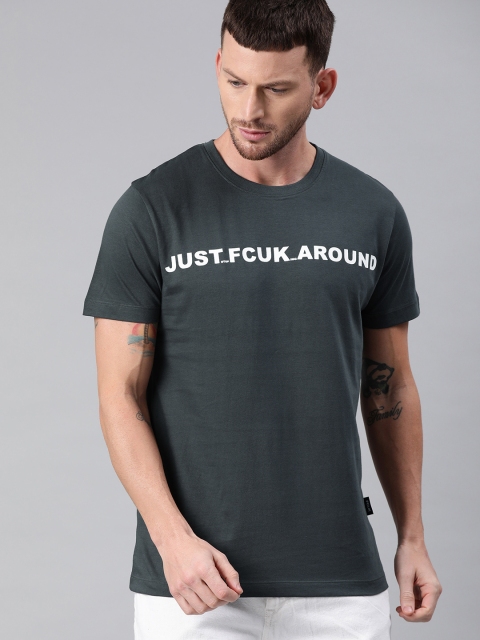 

French Connection Men Charcoal Grey & White Slim Fit Printed Round Neck T-shirt
