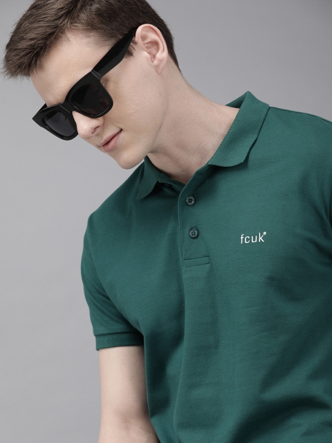 

French Connection Men Teal Green Slim Fit Solid Polo Collar T-shirt