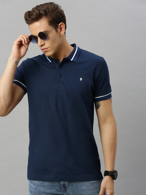 

French Connection Men Navy Blue Solid Slim Fit Tipping Polo Collar T-shirt