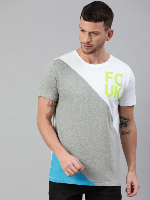 

French Connection Men Grey & White Slim Fit Colourblocked Round Neck T-shirt