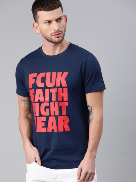 

French Connection Men Blue Printed Slim Fit Round Neck T-shirt