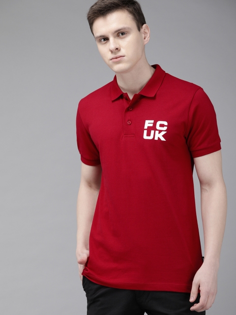 

French Connection Men Red Slim Fit Solid Polo Collar T-shirt