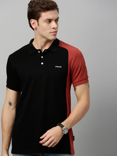 

French Connection Men Black & Rust Brown Slim Fit Colourblocked Polo Collar Cotton T-shirt