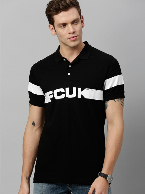 

French Connection Men Black Slim Fit Printed Polo Collar Cotton T-shirt