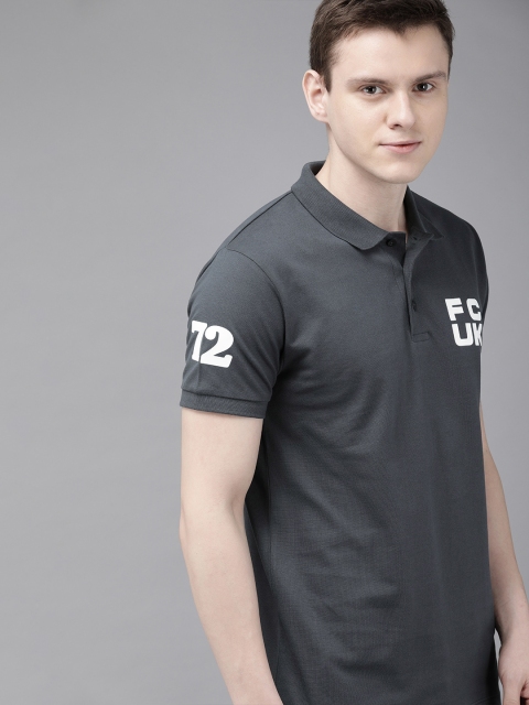 

French Connection Men Charcoal Grey Slim Fit Solid Polo Collar T-shirt