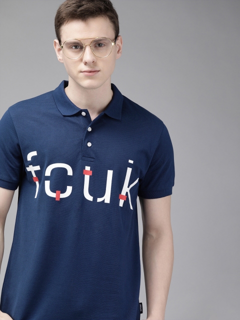 

French Connection Men Navy Blue Printed Slim Fit Polo Collar T-shirt