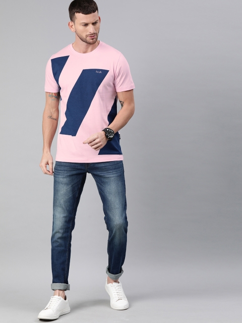 

French Connection Men Pink & Blue Colourblocked Slim Fit Round Neck T-shirt