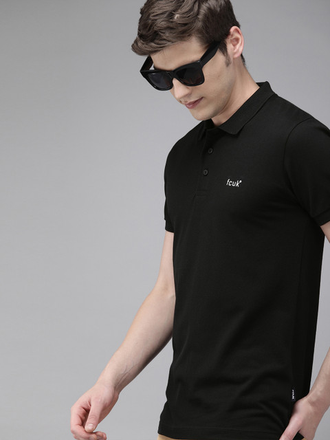 

French Connection Men Black Slim Fit Solid Polo Collar T-shirt