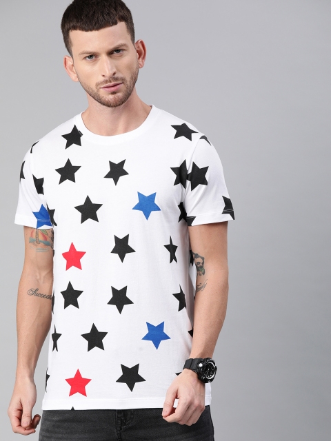 

French Connection Men White Black Slim Fit Printed Round Neck Pure Cotton T-shirt