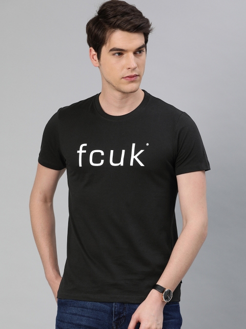 

French Connection Men Black Slim Fit Printed Round Neck Pure Cotton T-shirt