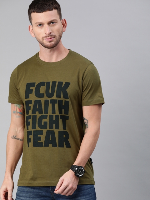 

French Connection Men Olive Green Printed Slim Fit Round Neck T-shirt