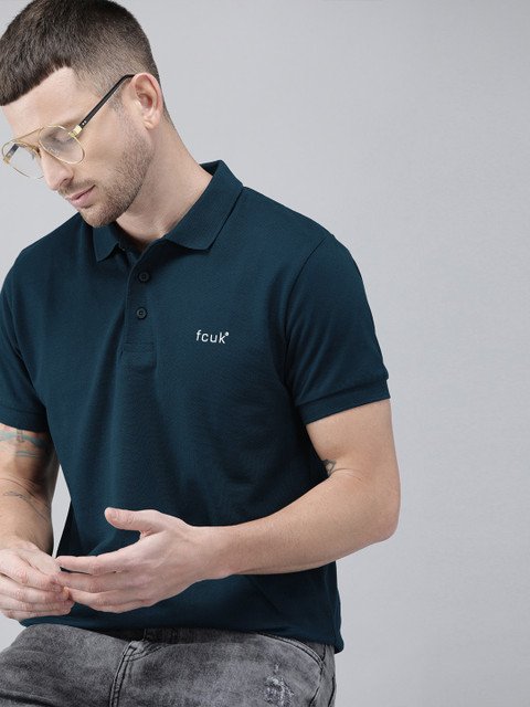 

French Connection Men Navy Blue Solid Slim Fit Polo Collar T-shirt