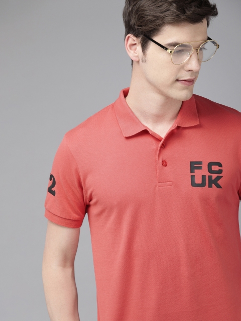 

French Connection Men Coral Red Slim Fit Solid Polo Collar T-shirt