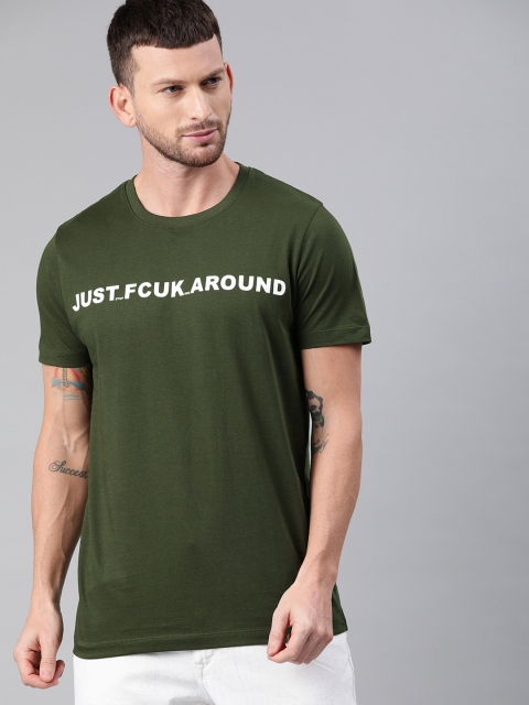 

French Connection Men Olive Green & White Slim Fit Printed Round Neck T-shirt