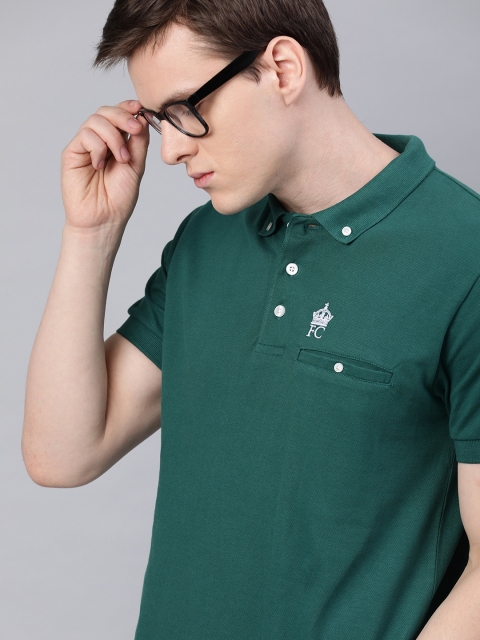 

French Connection Men Green Slim Fit Solid Polo Collar T-shirt with Embroidery