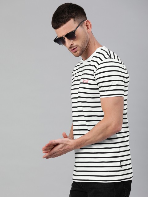 

French Connection Men White & Black Slim Fit Striped Round Neck T-shirt
