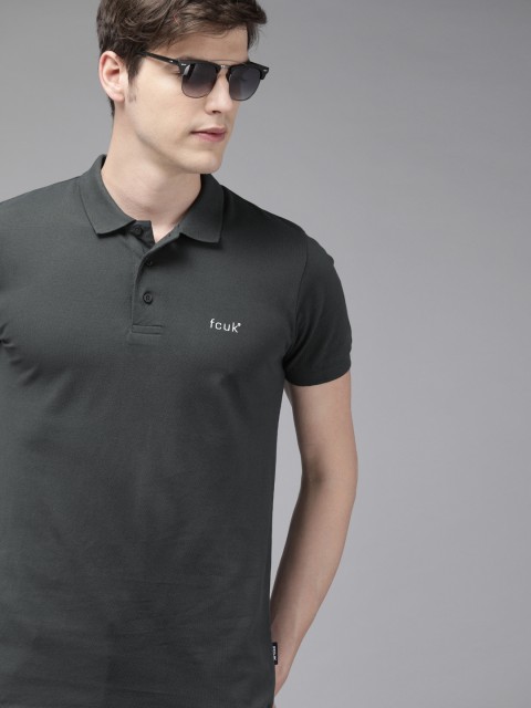 

French Connection Men Charcoal Grey Slim Fit Solid Polo Collar T-shirt
