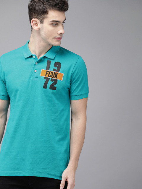 

French Connection Men Turquoise Blue Slim Fit Solid Polo Collar T-shirt