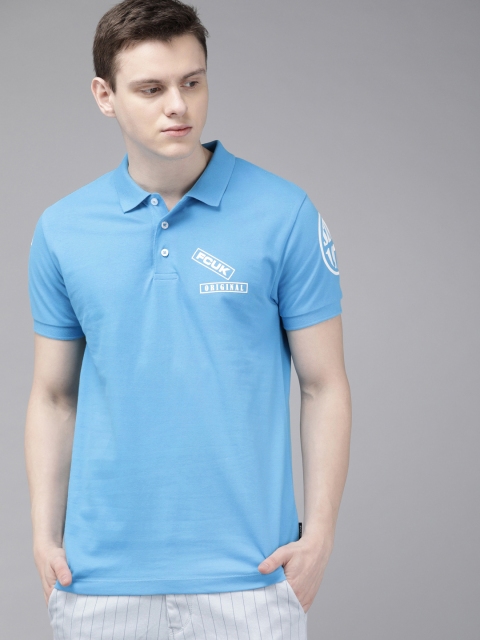 

French Connection Men Blue Slim Fit Solid Polo Collar T-shirt With Printed Detailling