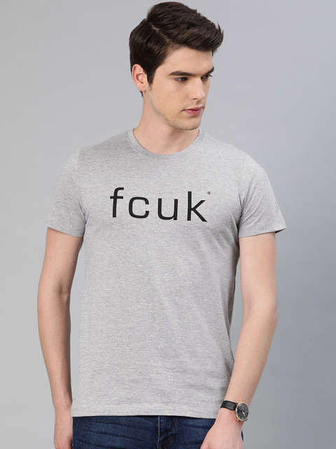 

French Connection Men Grey Melange Slim Fit Printed Round Neck T-shirt