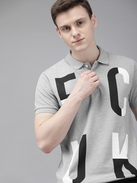 

French Connection Men Grey Melange Printed Slim Fit Polo Collar T-shirt