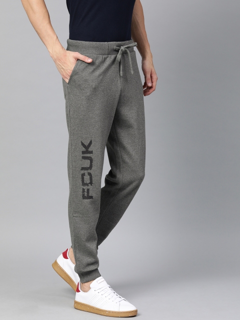 

French Connection Men Grey Melange Solid Slim Fit Joggers with Printed Detail