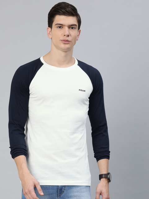 

French Connection Men White Solid Slim Fit Round Neck T-shirt With Contrast Sleeves