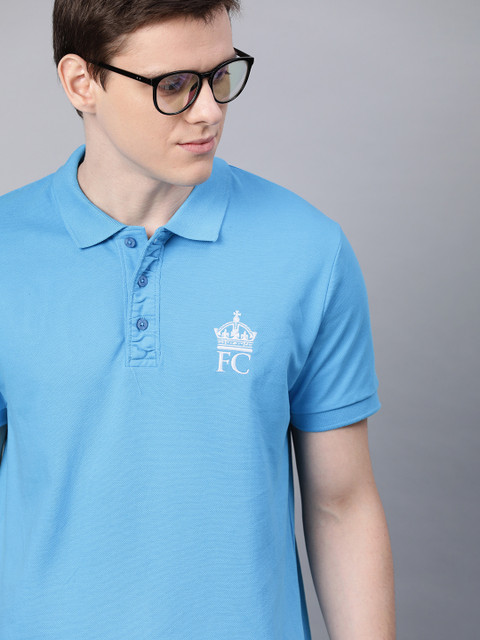 

French Connection Men Blue Slim Fit Solid Polo Collar T-shirt with Embroidery