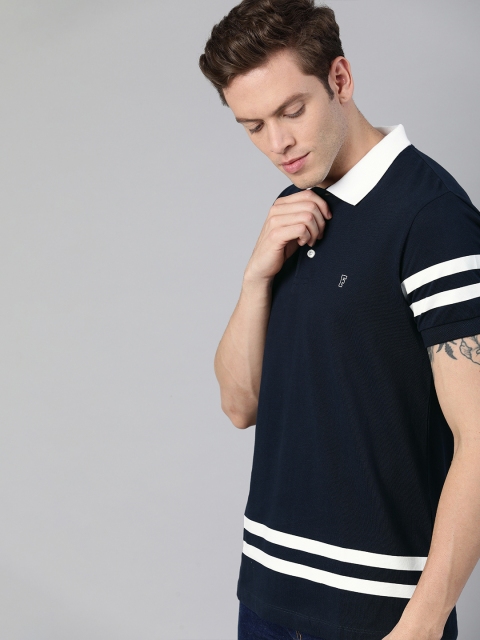 

French Connection Men Navy Blue & White Striped Polo Collar T-shirt