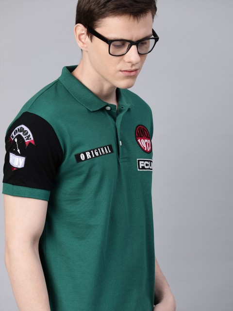 

French Connection Men Green Slim Fit Solid Polo Collar T-shirt with Applique