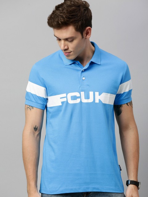 

French Connection Men Blue Slim Fit Printed Polo Collar Cotton T-shirt