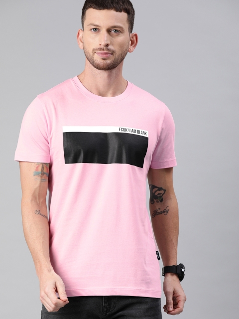 

French Connection Men Pink & Black Slim Fit Printed Round Neck T-shirt